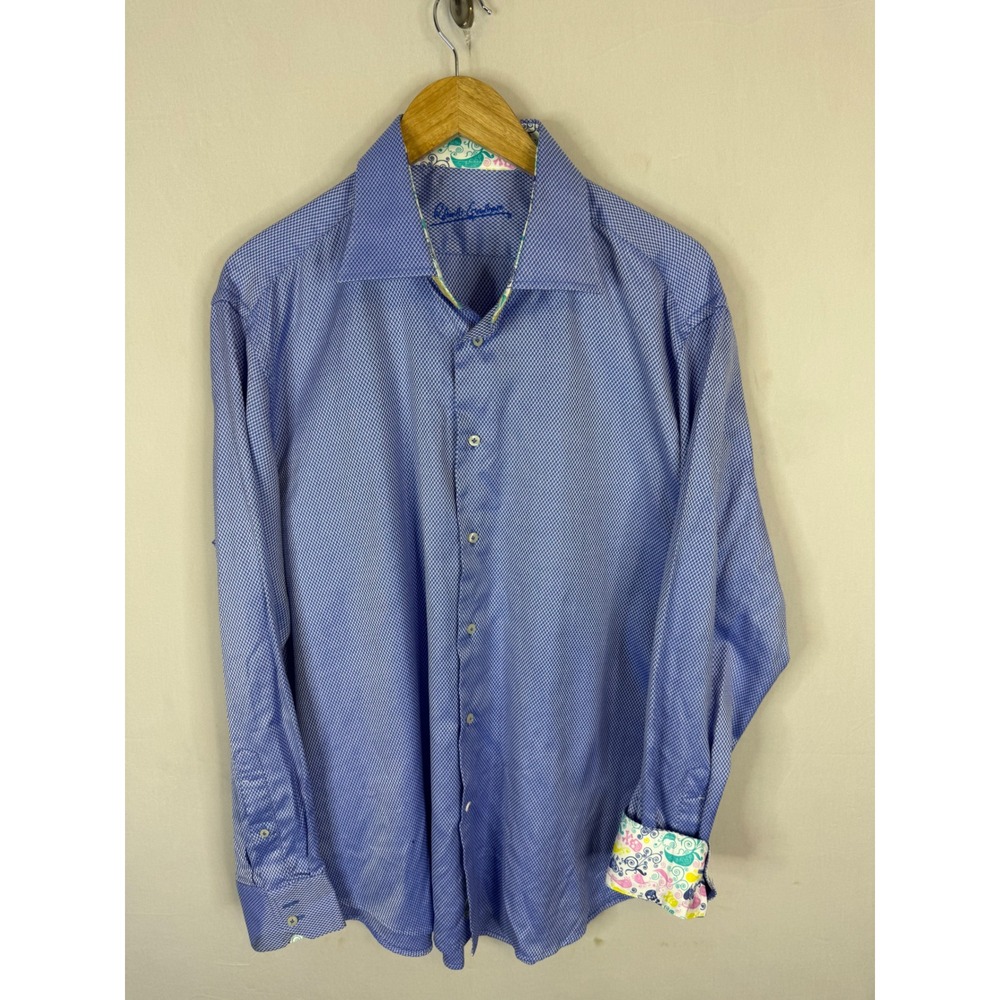 Robert Graham Mens Blue Geometric Diamond Print Button Down Shirt XL Skull Cuffs